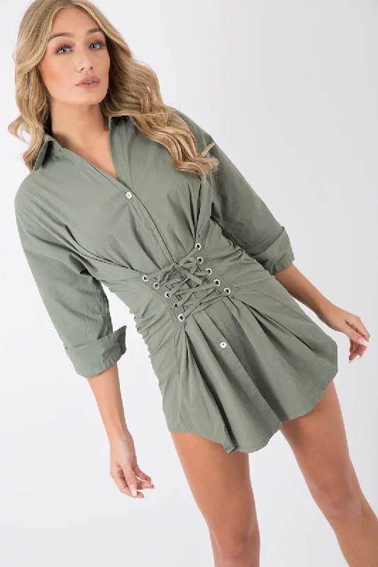 Sale Event mini dressKhaki Corset Front Shirt Dress - Malika