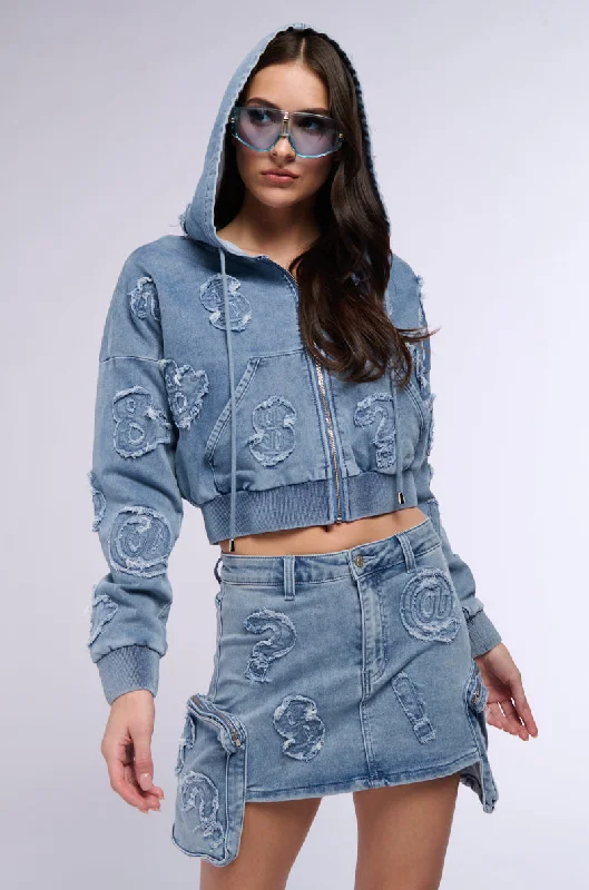 Crazy Savings MONEY SIGNS DENIM FRONT ZIP SWEATSHIRT