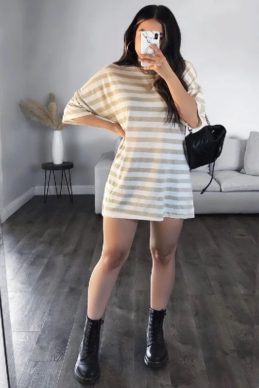 Must-Have Deals flowy maxi dressWhite Gold Striped T-shirt Dress - Hanaa