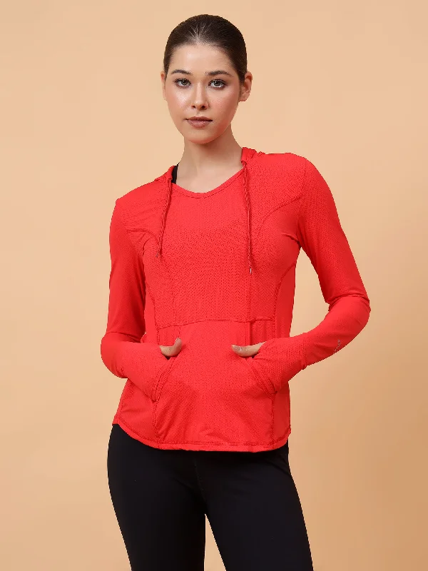 Now or Never Fitkin Women's Red Self Design Longsleeve Hooded Tshirt