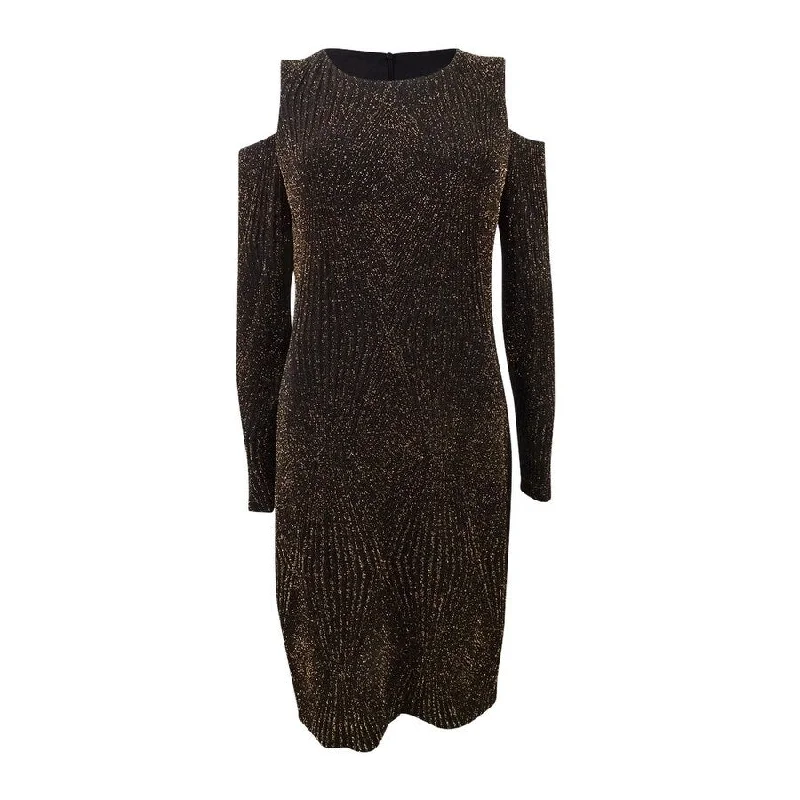 Limited Availability one-shoulder dressConnected Women's Cold-Shoulder Glitter Jacquard Dress (14, Black/Gold)