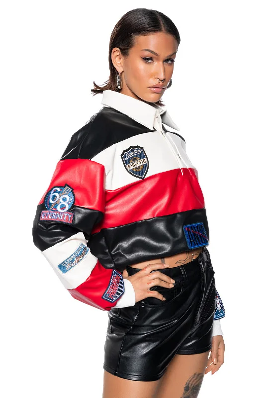 Deal Alert VARSITY LETTER FAUX LEATHER STRIPED PULL OVER