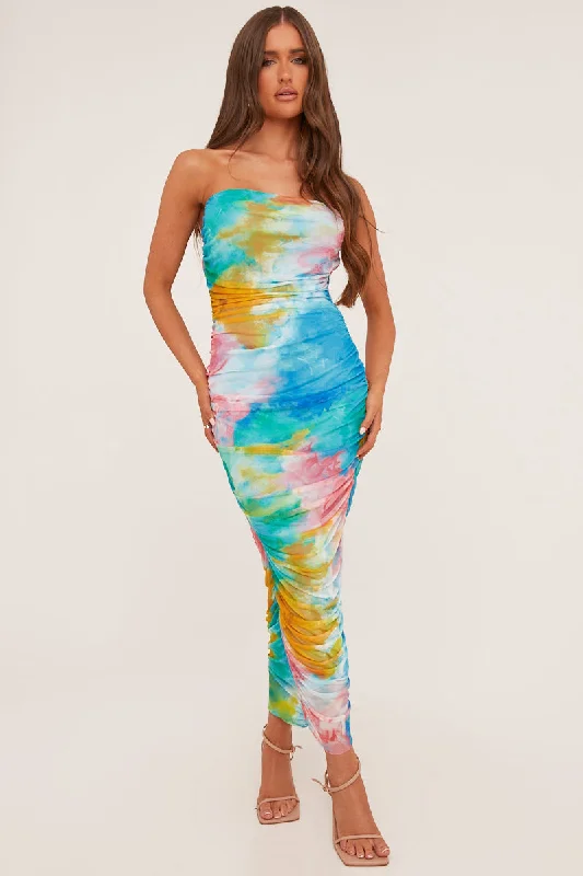 Discount Mania comfy maxi dressMulti Abstract Print Bandeau Ruched Midi Dress - Blossom Discount Mania comfy maxi dressMulti Abstract Print Bandeau Ruched Midi Dress - Blossom