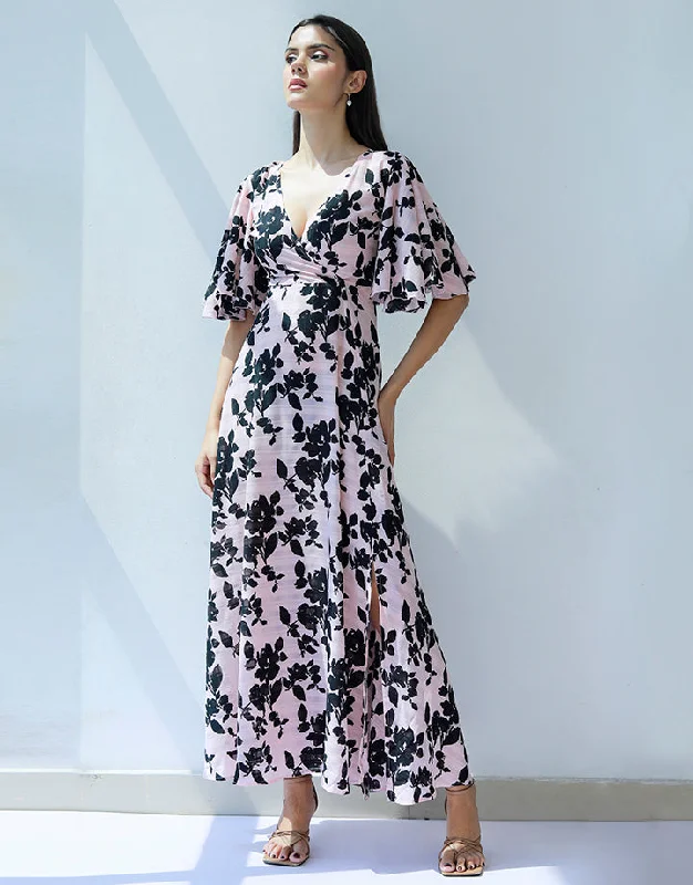 Referral Discount casual evening dressV-Neck Flared Sleeves Maxi Dress