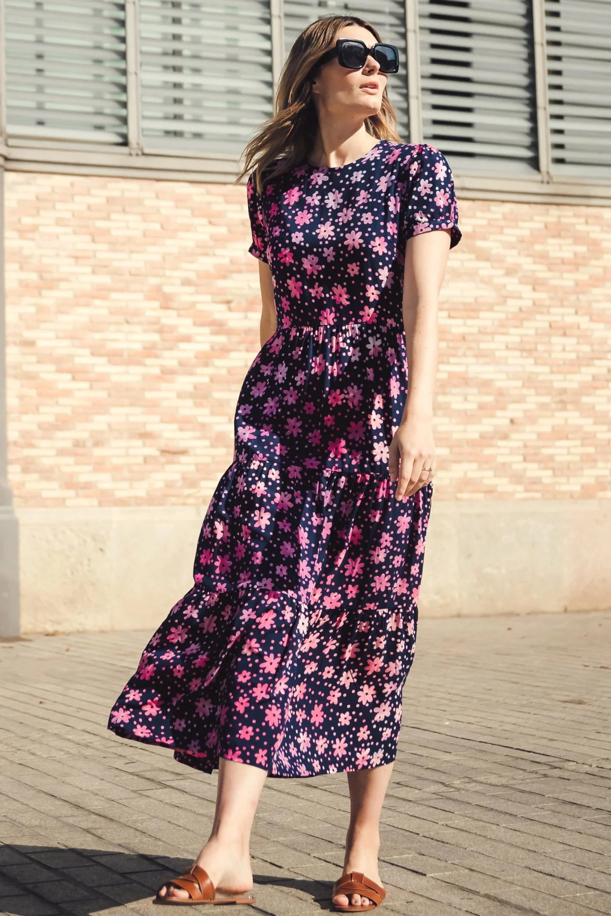 Doorbuster Deal draped dressThe Portia Batik Maxi Tiered Dress (Navy/Pink, Flower Power)