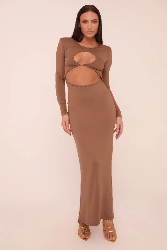 Price Blitz casual slip dressMocha Cut Out Front Long Sleeves Maxi Dress - Elodie