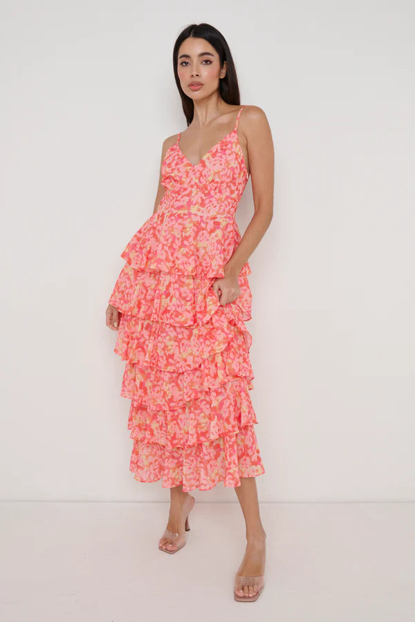 Special Price casual evening dressLISSY RUFFLE MIDAXI DRESS (ORANGE/PINK)