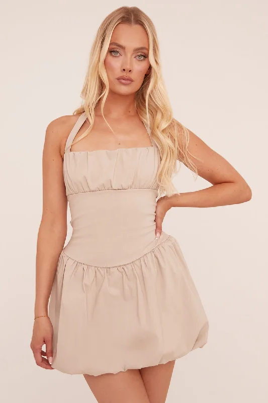 Mega Deal satin dressBeige Ruched Halter Neck Puffball Mini Dress - Anessa