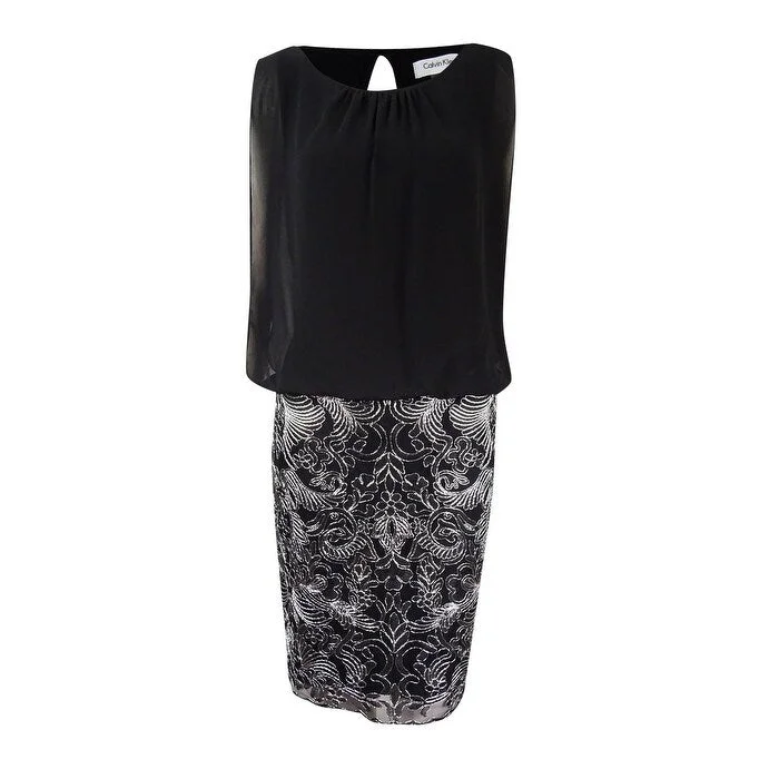 Year-End Clearance statement dressCalvin Klein Women's Chiffon Embroidered Blouson Dress Year-End Clearance statement dressCalvin Klein Women's Chiffon Embroidered Blouson Dress