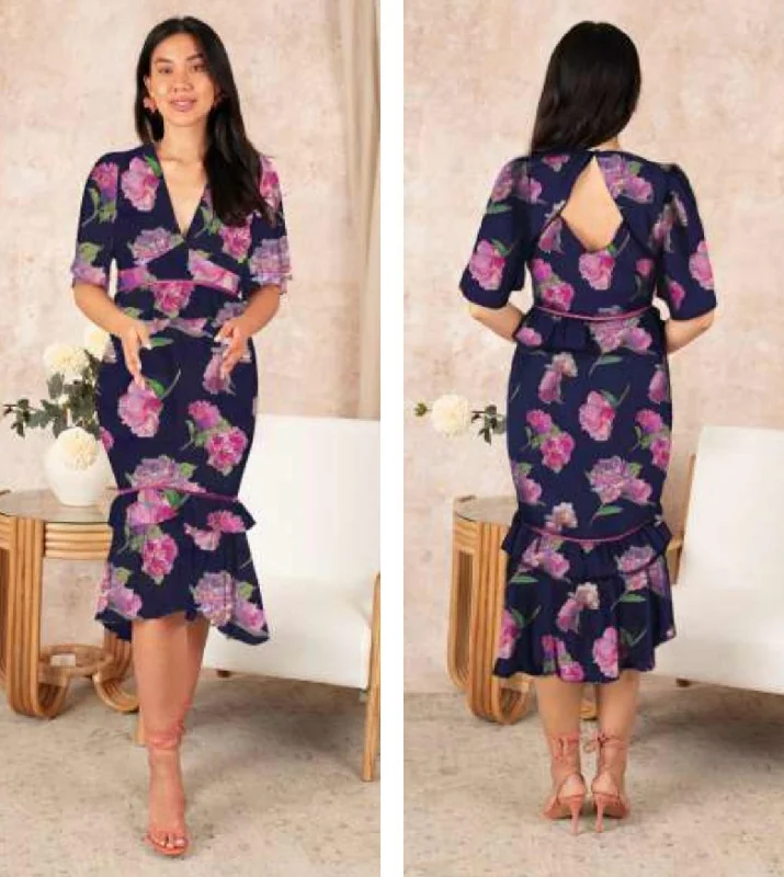 Special Promotion playful dressTHE AMORE PEPLUM WAIST MIDI DRESS WITH CONTRAST LADDER TRIM (NAVY/PINK) CURVE