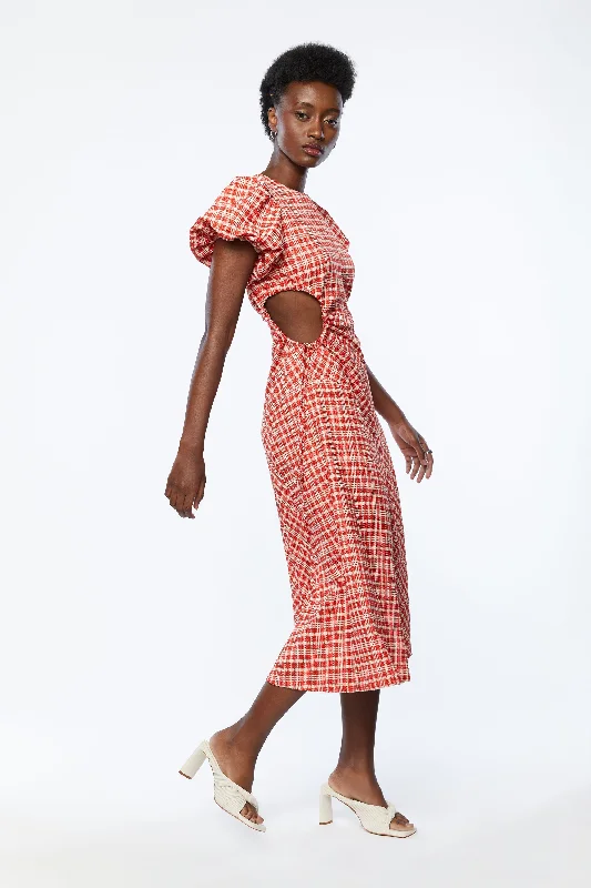 New Markdowns fitted bodycon dressPLAID PUFF SLEEVE DRESS WITH CUTOUTS