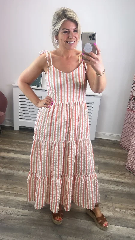 Price Rollback ruched dressLACEY MAXI DRESS (CORAL STRIPE)