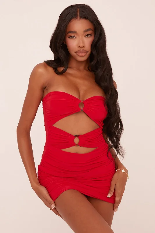 Limited Time Offer bohemian dressRed Ring Detail Bandeau Ruched Bodycon Mini Dress - Tefta Limited Time Offer bohemian dressRed Ring Detail Bandeau Ruched Bodycon Mini Dress - Tefta