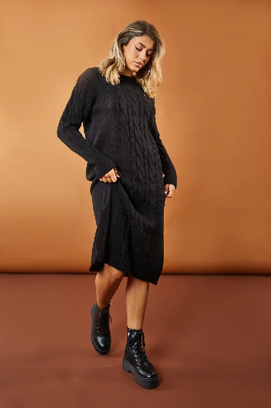Sale Event tiered dressBlack Cabled Knit Oversized Midi Dress - Susan