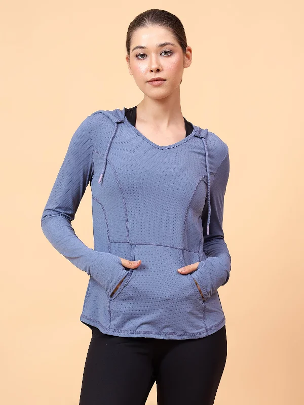 Stock Clearance Fitkin Women's Blue Self Design Longsleeve Hooded Tshirt