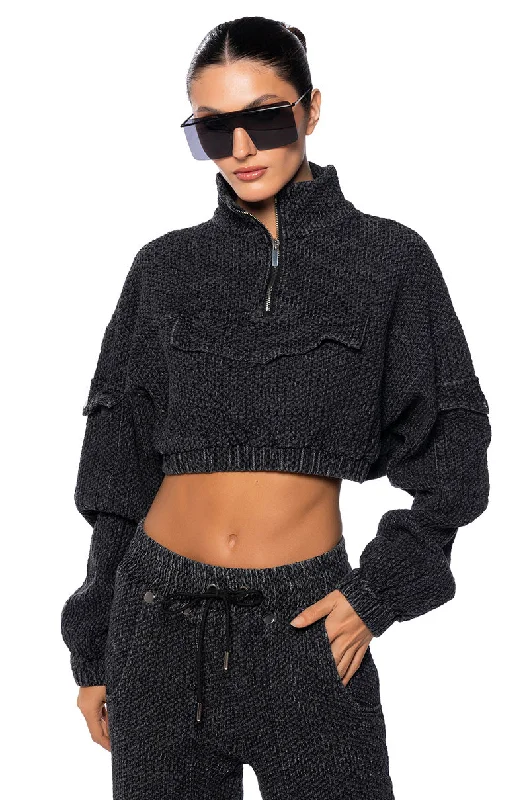 Warehouse Sale MONTE COZY KNIT POCKET DETAIL HALF ZIP CROP SWEATSHIRT