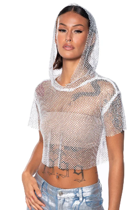 Fantastic Offers NORTH STAR RHINESTONE MESH HOODED CROP TOP IN WHITE
