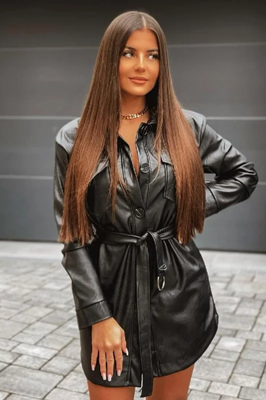 Bonus Savings A-line dressBlack Faux Leather Utility Shirt Dress - Hailey