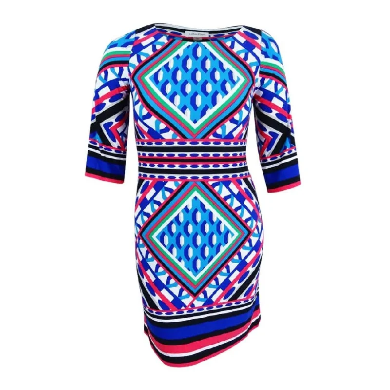 Instant Savings casual knit dressCalvin Klein Women's Geo-Print Bell-Sleeve Jersey Dress (12, Watermelon Multi)