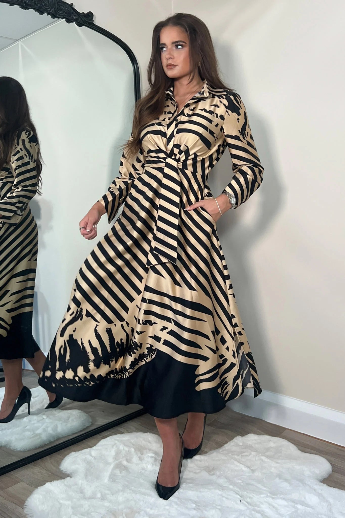 Final Clearance denim dressISABELLA STRIPE PRINT TIE FRONT DRESS