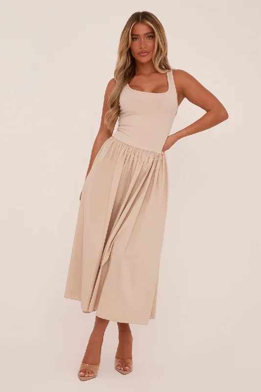 Crazy Deals comfy maxi dressBeige Rib Knit Drop Waist Scoop Neck Maxi Dress - Elian