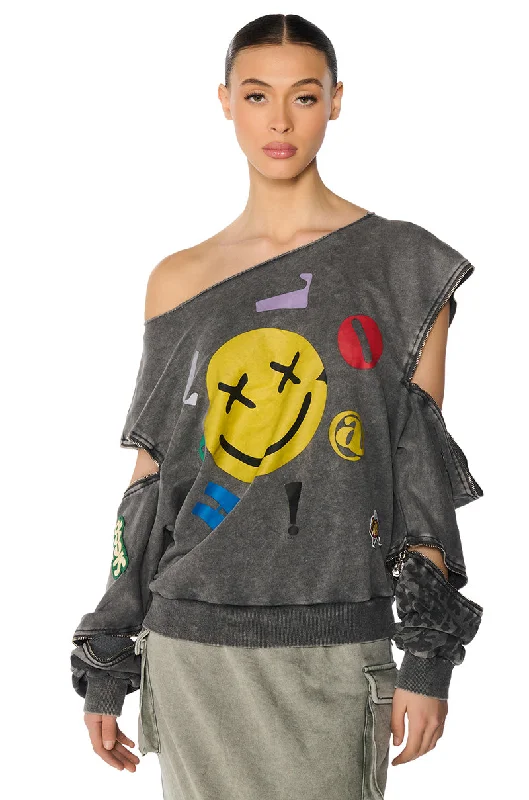 Super Sale NO BAD VIBES OFF THE SHOULDER MINERAL WASH SWEATSHIRT