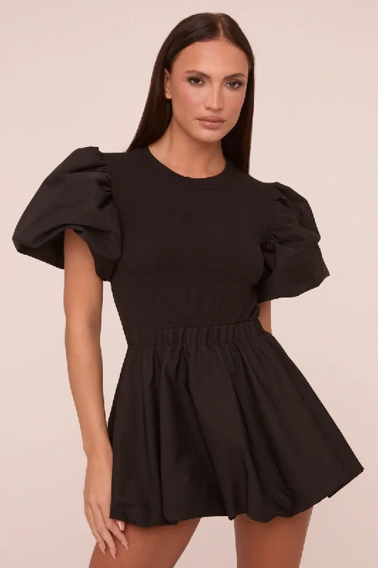 Act Fast elegant dressBlack Puffball Hem Short Sleeves Mini Dress - Aldora