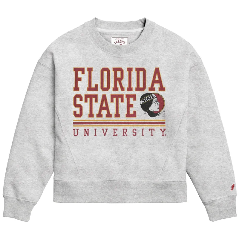 Price Smash League Women's Vault Florida State University Lady Seminole Logo Boxy Crew Fleece - Ash Price Smash League Women's Vault Florida State University Lady Seminole Logo Boxy Crew Fleece - Ash