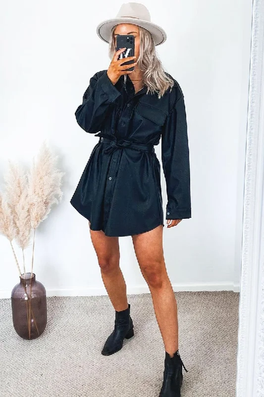 Special Discount wrap dressBlack Faux Leather Belted Shirt Mini Dress - Alese