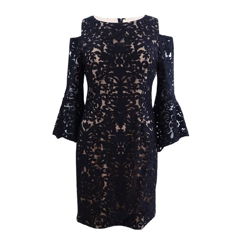 Price Buster silk dressXscape Women's Cold-Shoulder Lace Sheath Dress (4, Black/Nude)