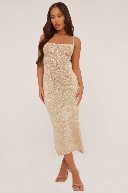Early Access boho dressGold Metallic Knit Side Slit Lace Maxi Dress - Kamiah