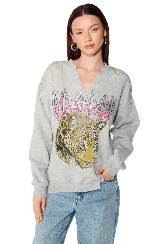 Exclusive Deal DEF LEPPARD RHINESTONE FRINGE TRIM SWEATSHIRT