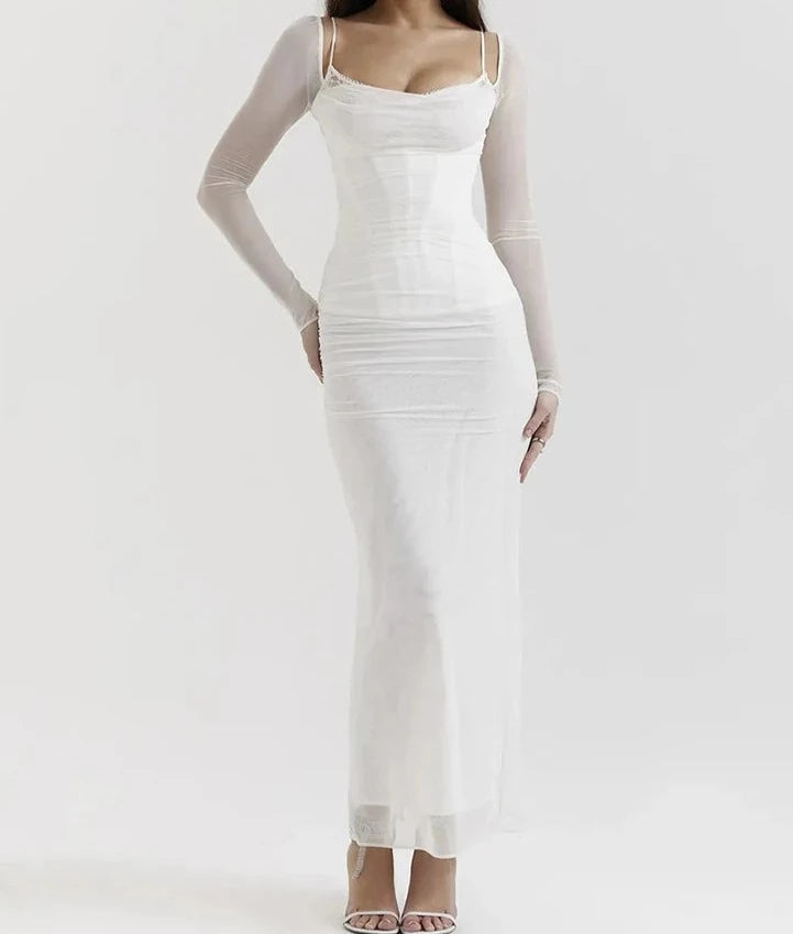Seasonal Clearance fitted cocktail dressA&A Elegant Sheer Long Sleeve Bustier Maxi Dress Seasonal Clearance fitted cocktail dressA&A Elegant Sheer Long Sleeve Bustier Maxi Dress