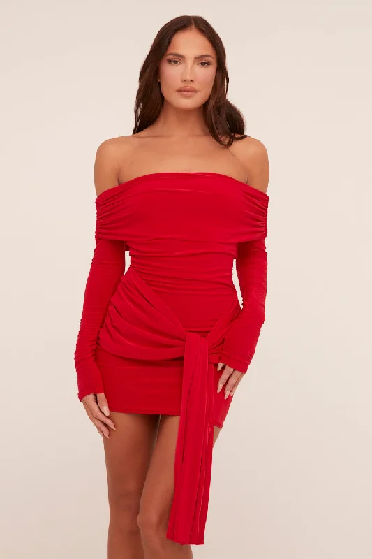 Final Sale winter dressRed Bardot Tie Front Mini Dress - Teagen
