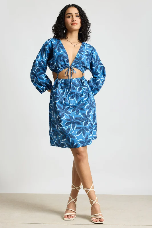 Seasonal Sale pleated maxi dressBlue Printed Poplin Dress