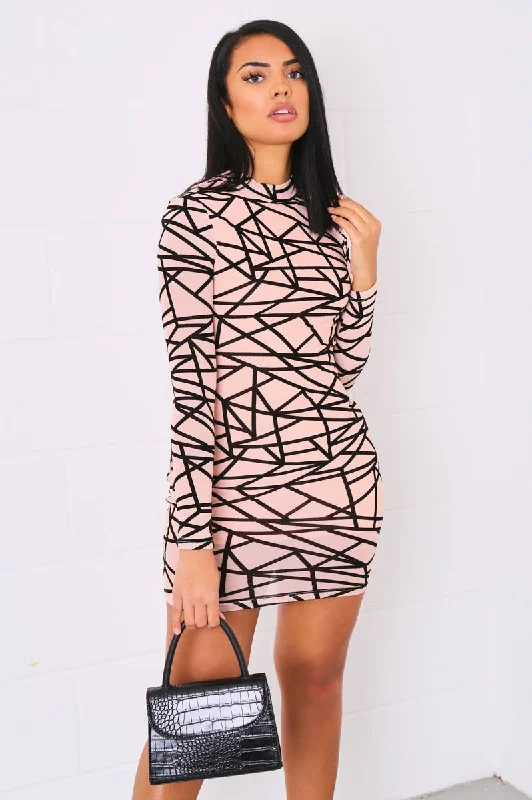 Bargain Blast elegant dressNude Black Asymmetric Print High Neck Dress - Clydie