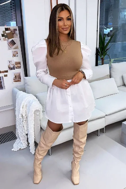 Deal of the Day wool dressCamel Overlay Detail Puff Sleeve White Shirt Dress - Olah