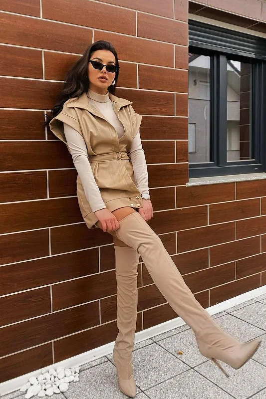 Super Sale stylish dressBeige Faux Leather Plunge Belted Dress - Jaice