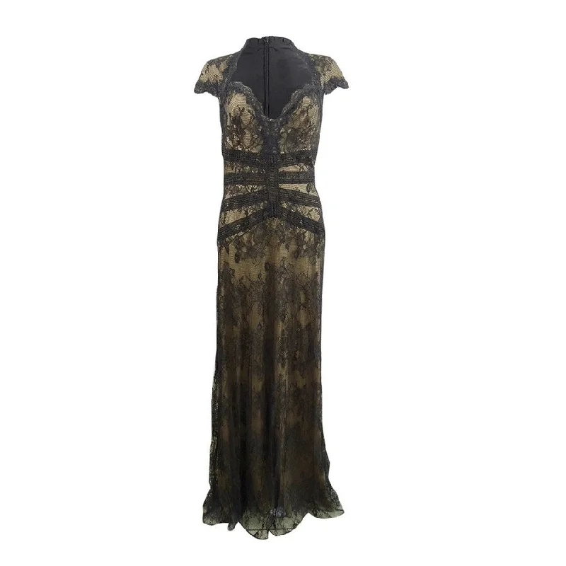 Limited Time Discount long sleeve dressTadashi Shoji Women's Lace Evening Gown (8, Black/Nude)