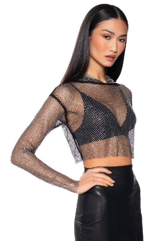 Price Cut NORTH STAR RHINESTONE MESH HOODED LONG SLEEVE CROP TOP IN BLACK