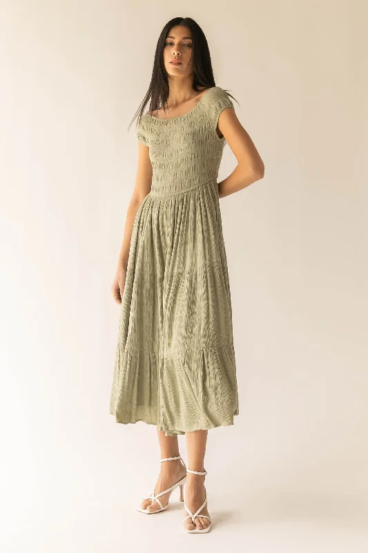 Best Deals party dressOFF THE SHOULDER CRINKLED MIDI TIERED DRESS