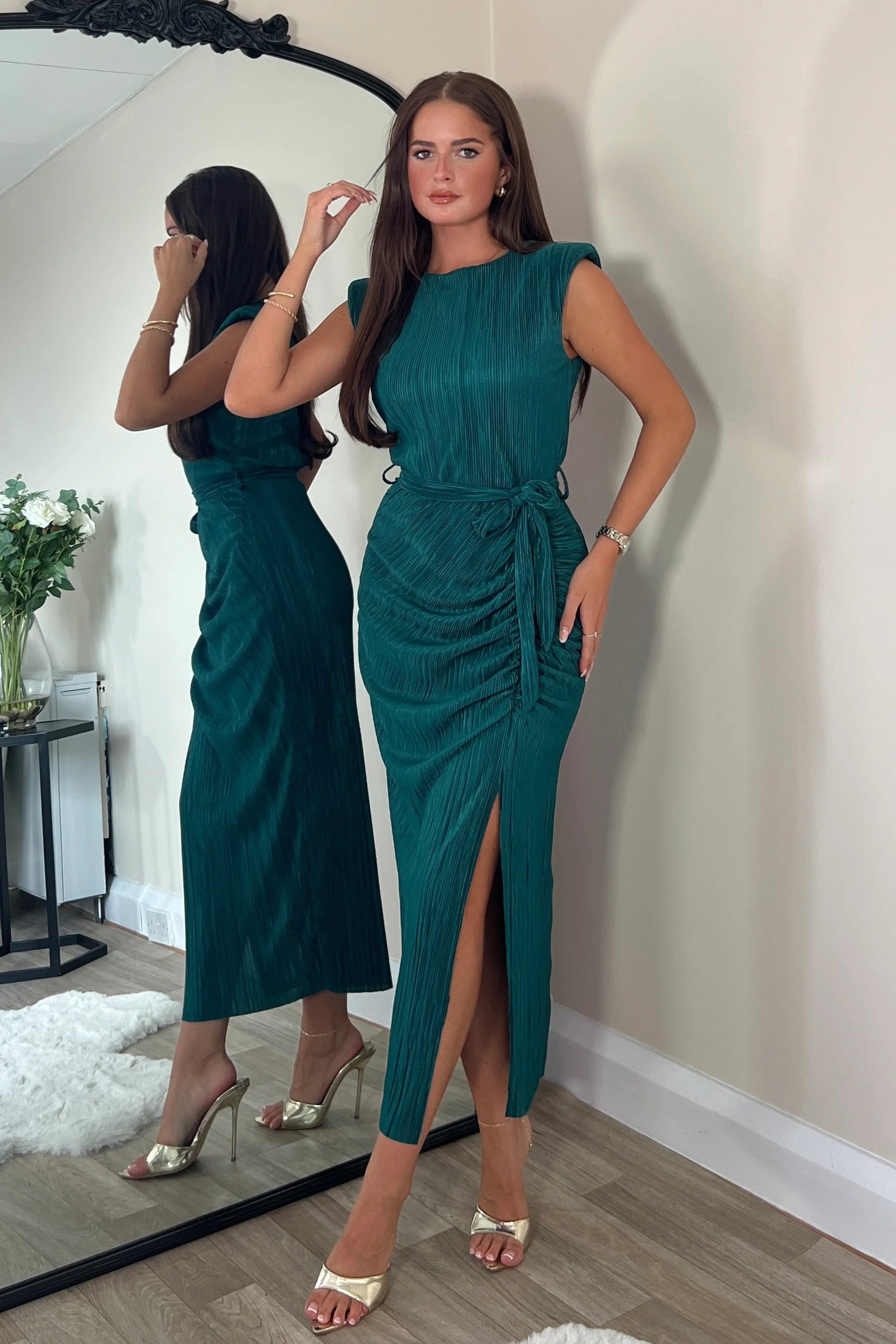 Act Now flowy maxi dressElena Ruched Seamed Midi Dress (Teal)
