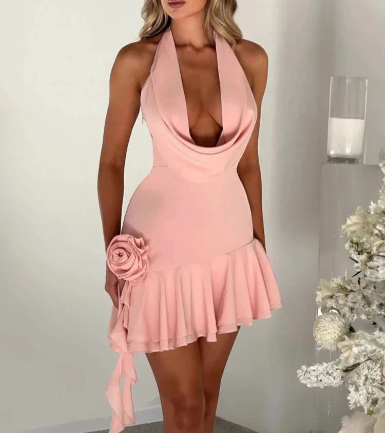 Lowest Prices bodycon dressA&A Halter 3D Flower Backless Ruffle Mini Dress