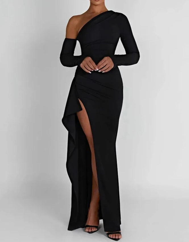 Reduced Prices elegant evening dressA&A Luxe Oblique Shoulder Thigh High Split Maxi Dress Reduced Prices elegant evening dressA&A Luxe Oblique Shoulder Thigh High Split Maxi Dress