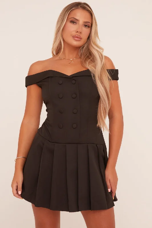Year-End Clearance trendy mini dressBlack Bardot Pleated Tailored Blazer Dress - Elmina Year-End Clearance trendy mini dressBlack Bardot Pleated Tailored Blazer Dress - Elmina