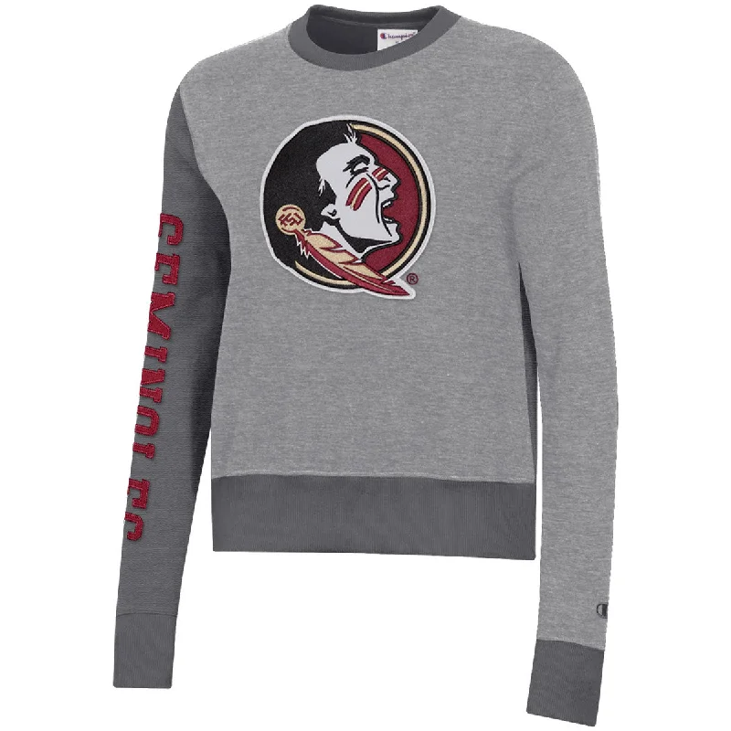 Savings Spectacular Champion Women's Seminole Logo Colorblock Crew Fleece- Grey