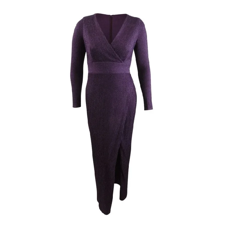 Limited Quantity pleated dressBetsy & Adam Women's Long-Sleeve Gown (14, Plum)