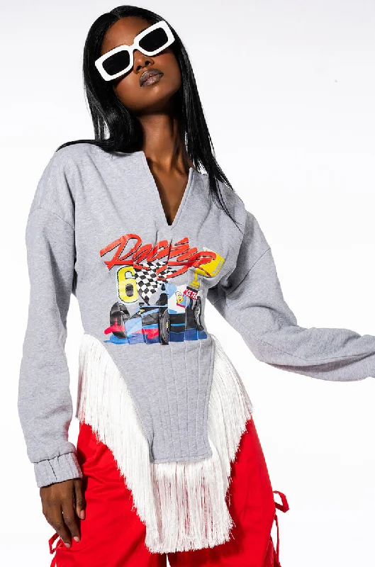 Limited Quantity ZOOM ZOOM CORSETED FRINGE SWEATSHIRT