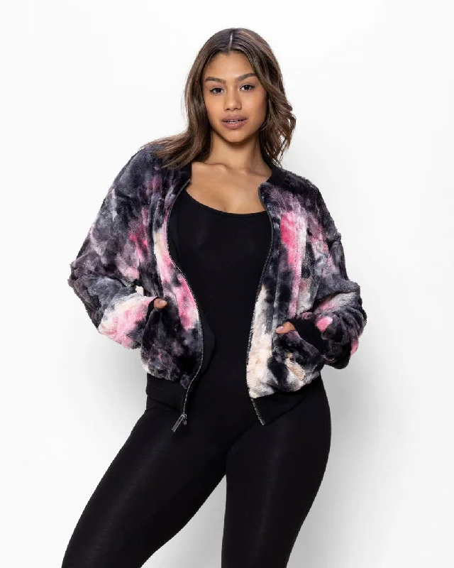 Act Now Women's Colorful Faux Fur Jacket | Ink Spotted Tie Dye Leopard
