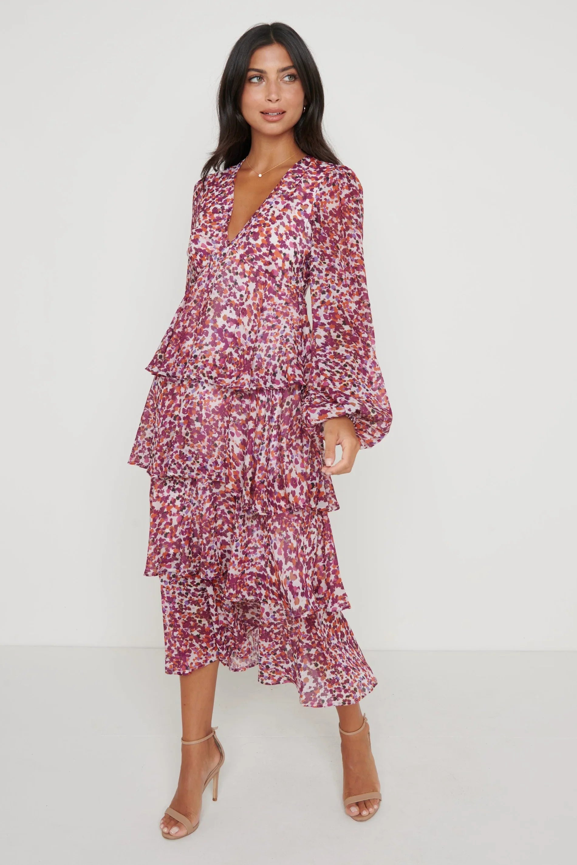 Stock Clearance silk dressASHTON RUFFLE MIDI DRESS (CORAL ABSTRACT) CURVE